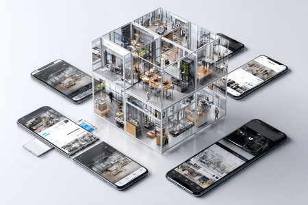 A cube showcases modern office layouts with smartphones emphasizing digital connectivity.の素材