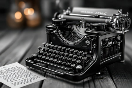 A monochrome shot of a vintage typewriter, set in a rustic wooden table, with a nostalgic, melancholic mood, using a 50mm lens for a shallow depth of field, with a narrative twist of a love letter being typedの素材