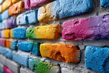 Closeup of a brightly painted brick wall with various colorsの素材