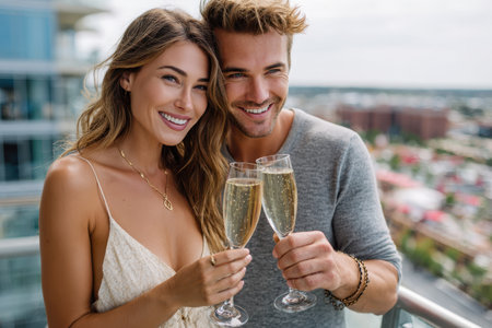 A happy couple celebrates with glasses of champagne on a balcony, enjoying a scenic city view at dusk.の素材