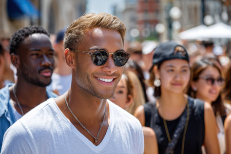 A group of people enjoy a vibrant day in the city, with one man smiling brightly amidst the crowd.の写真素材