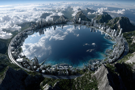 A circular city embraces a serene lake, nestled among towering mountains, under a clear blue sky.の素材