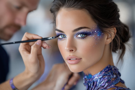 A model with stunning galaxy-inspired eye makeup receives final touches from a makeup artist.の素材