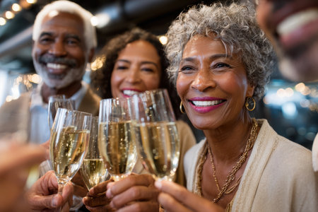 A joyful group of seniors raising champagne glasses, smiling and enjoying a festive celebration indoors.の素材