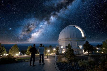 Two individuals stand together, enjoying the vast Milky Way galaxy from a mountain observatory under a starry sky.の素材