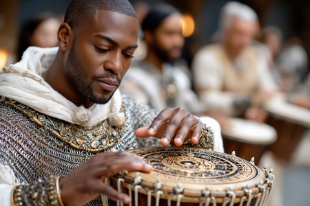 A drummer plays intricate rhythms on a beautifully crafted drum, surrounded by fellow musicians in a lively atmosphere.の素材