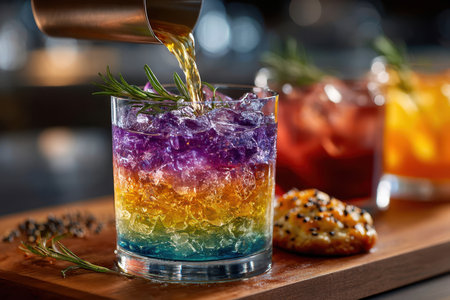 Bartender pours a vibrant layered drink over ice in a clear glass, with garnishes and snacks nearby.の素材