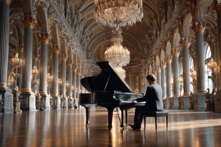 Music fills the air as a pianist performs in a luxurious hall with stunning chandeliers and intricate architecture.の素材