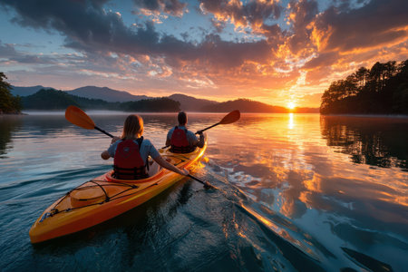 Two people paddle their kayaks on a tranquil lake as the sun sets, casting vibrant colors across the sky.の素材