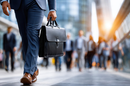 A man in a suit carrying a briefcase walks confidently among a bustling crowd in a city at sunset.の素材