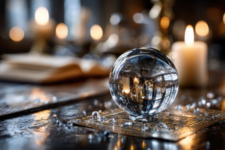 A crystal ball rests on an ornate plate, with lit candles in a blurred backgroundの素材