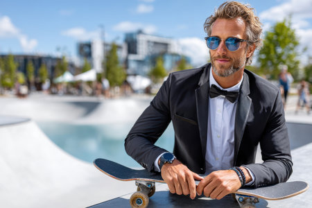 A man in a suit and bow tie sits on a skateboard, enjoying the vibrant atmosphere of the skate park.の素材