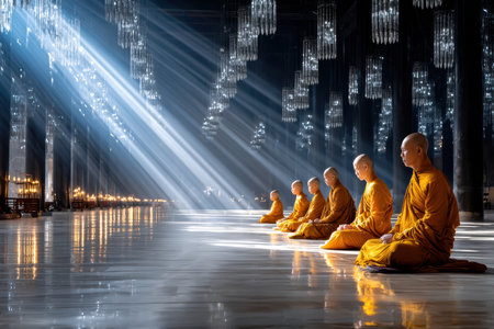 A group of monks meditating in a serene temple at dawn, shot in a cinematic style with a 50mm lens, with a sudden ray of sunlight illuminating the sceneの素材