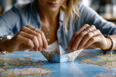 A person folds a paper boat made from a map, preparing for an upcoming travel adventure.の素材