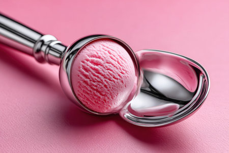 A scoop of pink ice cream remains in a metal scoop on a pink backdropの素材