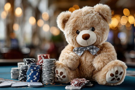 A plush teddy bear sits happily among stacked poker chips in a vibrant casino atmosphere.の写真素材