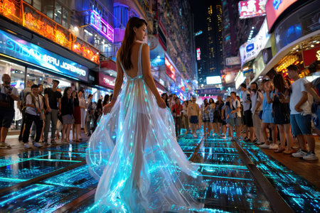 A bustling city street at night, lit by neon signs, shot with a wide-angle lens, featuring a woman in a glowing dress, ultrarealistic photo --ar 3:2 --raw --profile nk3i4wf --stylize 250 --v 7 Job ID: cb5471e1-f1e2-4c6b-9eea-77ec0716ea5fの写真素材