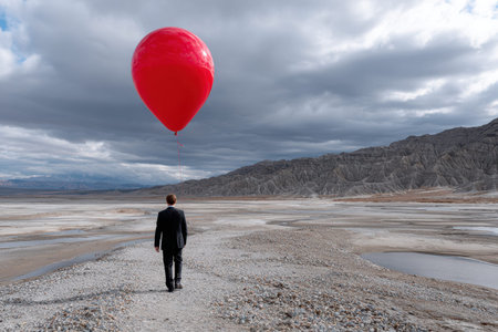 A person dressed in formal attire strolls along a rocky path, gazing at a giant red balloon floating above.の写真素材