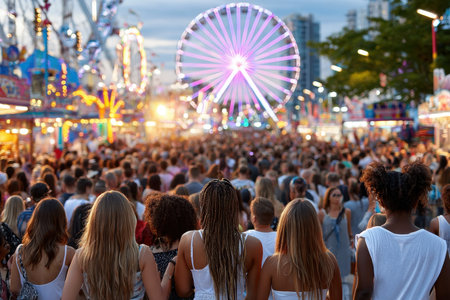 A crowd enjoys the evening atmosphere at a lively amusement parkの写真素材