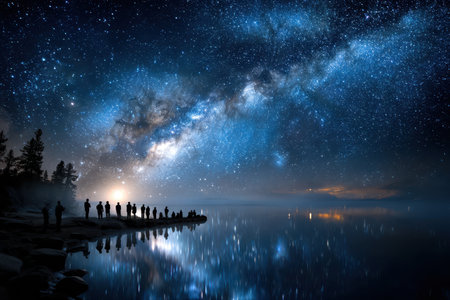 Silhouetted people admire the Milky Way over a tranquil lake at nightの写真素材