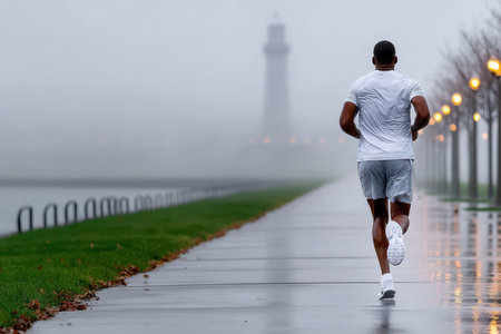 A man jogging on a foggy morning, shot with a telephoto lens, symbolizing determination and resilience, ultrarealistic photoの写真素材