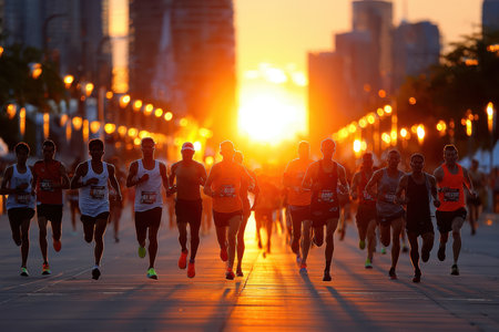 Runners compete in a marathon at sunset in the cityの写真素材