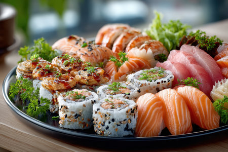 A plate of various sushi and sashimi arranged on a wooden tableの写真素材
