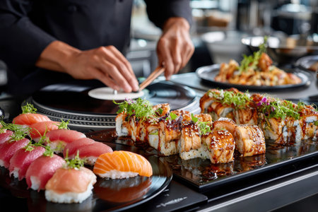 Skilled chef artfully arranges sushi rolls and sashimi on black plates in an upscale restaurant setting.の写真素材