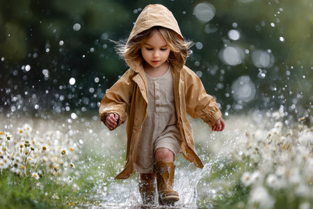 Young child in a raincoat plays joyfully in a puddle surrounded by blooming flowers, delighting in the rain.の写真素材
