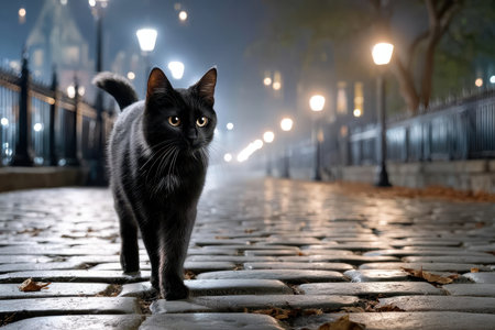 A black cat strolls along a cobblestone path illuminated by lanterns in a foggy park at night.の写真素材