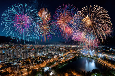 Fireworks explode over a city at nightの写真素材