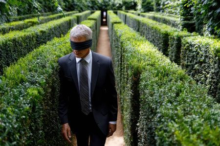 A man in a suit wanders through a picturesque hedge maze while blindfolded, enjoying the peaceful surroundings.の写真素材