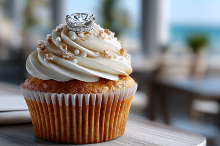 A cupcake with a diamond ring on top sits on a table by the beachの写真素材