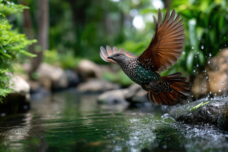 A spotted bird takes flight over a body of water in a lush green forest settingの写真素材