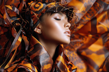 Model poses gracefully, highlighting intricate details of an eye-catching outfit during a fashion shoot.の写真素材