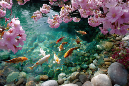 Koi fish swim gracefully in a tranquil pond filled with smooth stones and vibrant cherry blossoms above.の写真素材