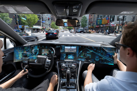 Two people are inside a high-tech vehicle, driving through a bustling urban area filled with cars and pedestrians.の写真素材