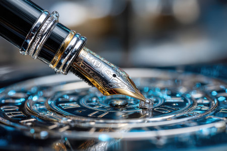 A fountain pen hovers just above an intricate watch face, showing elegance and craftsmanship in a bright setting.の写真素材