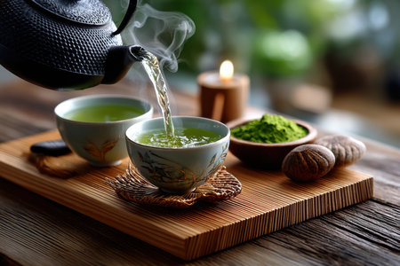 Hot green tea being poured from a teapot into two cups on a wooden trayの写真素材