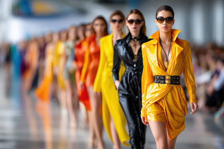 Fashion models walk down a runway showcasing colorful outfits during a fashion showの写真素材