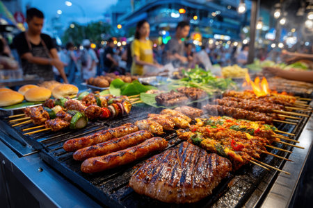 A vibrant street food market in Bangkok at sunset, evoking a sense of adventure, in dramatic, low-angle lighting, using a wide-angle lens, with local people trying local delicacies.の写真素材