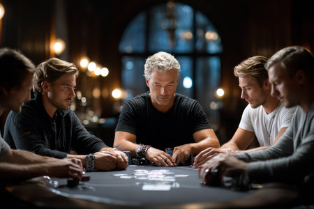 Group of five men intensely playing poker at a casino table, immersed in strategy and competition.の写真素材