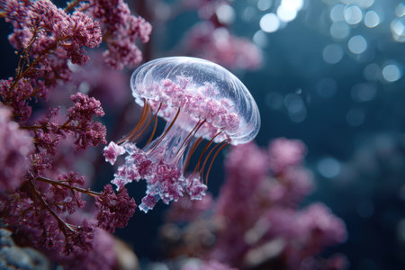 A jellyfish glides through clear water, surrounded by lovely pink corals, creating a tranquil scene.の写真素材