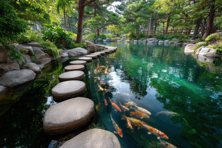Colorful koi fish swim in clear water while stepping stones create a tranquil pathway through the garden.の写真素材