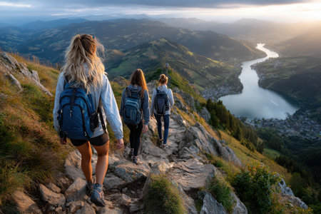 Three friends trek along a rocky trail while enjoying a beautiful sunset and river view.の写真素材