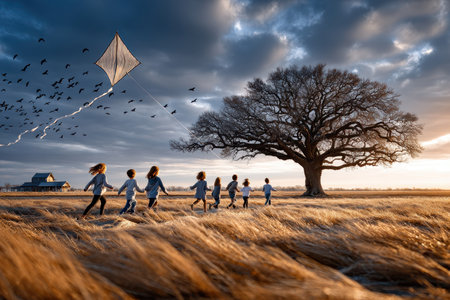 Children run with a kite in a grassy field beneath a dramatic skyの写真素材