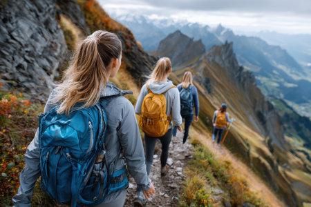 Group of hikers descends a steep mountain trail surrounded by stunning alpine scenery and cloudy skies.の写真素材