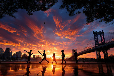 Children enjoy a game of baseball as the sun sets behind Manhattan bridge, creating a colorful sky.の写真素材