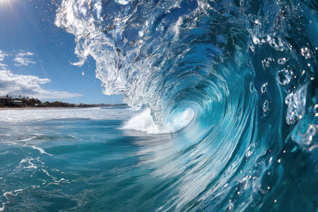 A vibrant blue ocean wave curls into a perfect barrelの写真素材