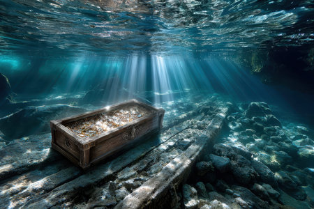 Crystal clear waters reveal an old treasure chest surrounded by rocks, with sunlight shining through the surface.の写真素材